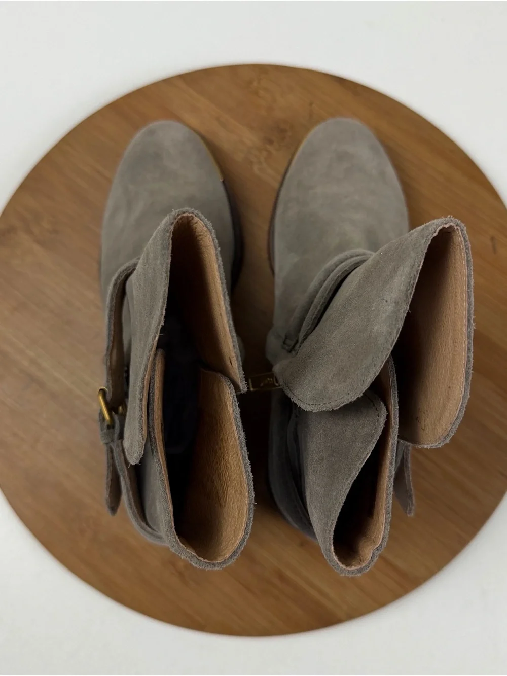UGG Taupe Suede Harness Ankle Boots with Brass Accents